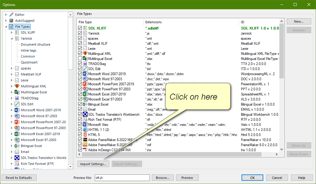 Screenshot showing where to find the import settings button from the File Types menu.