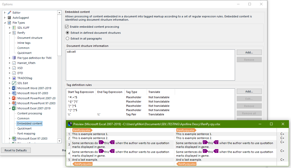 Screenshot showing the Excel embedded content rules and  successful preview