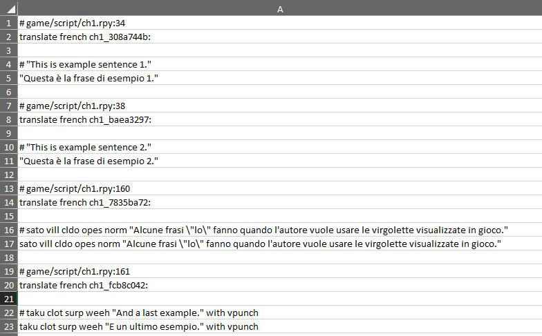 Screenshot showing the translated file in Excel