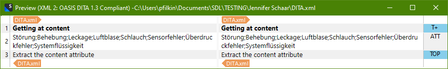 Trados Studio preview window showing XML content with a title 'Getting at content' and a list of keywords separated by semicolons in the metadata section.