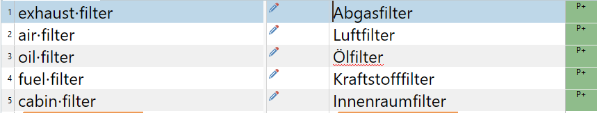 Screenshot of a table with two columns showing English and German terms for filters. There are visible errors with punctuation in the English terms.