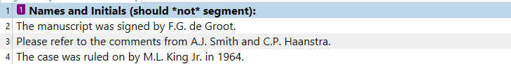 Close-up screenshot of the 'Names and Initials' section, showing examples like F.G. de Groot and M.L. King Jr. that should not segment.