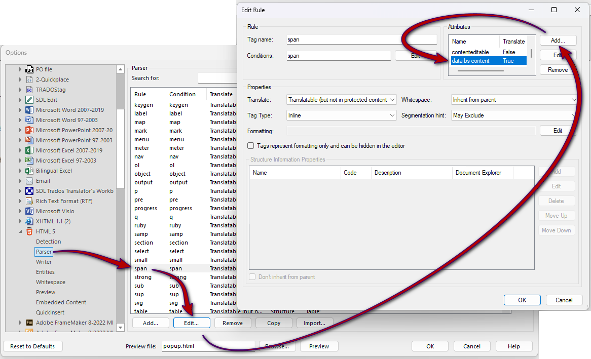 Edit Rule window showing tag name 'span' with attributes 'contenteditable' set to False and 'data-bs-content' set to True. Parser options are visible in the background.