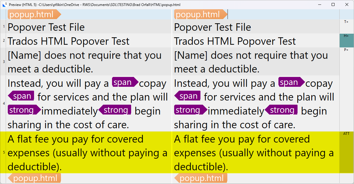 HTML preview showing a popover test file with highlighted 'span' and 'strong' tags. Text includes a description of copay and deductible details.