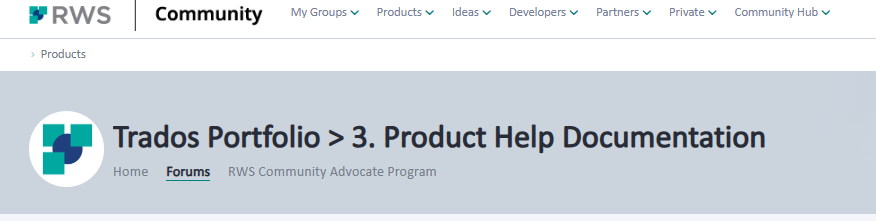 RWS Community webpage header with 'Trados Portfolio > 3. Product Help Documentation' highlighted.