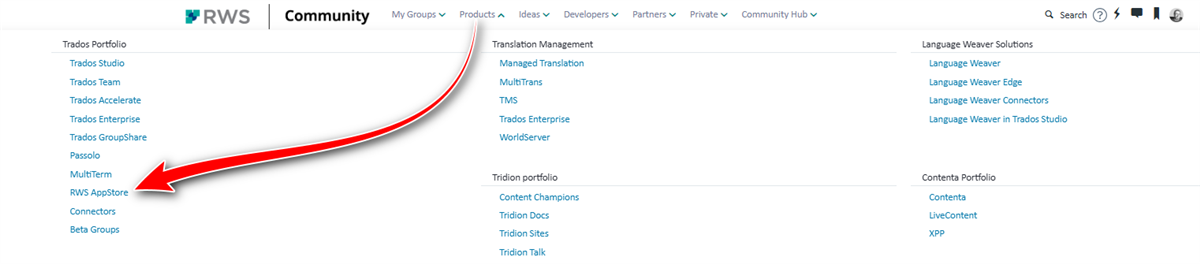 Dropdown menu from RWS Community with 'RWS AppStore' highlighted by a red arrow pointing towards it.