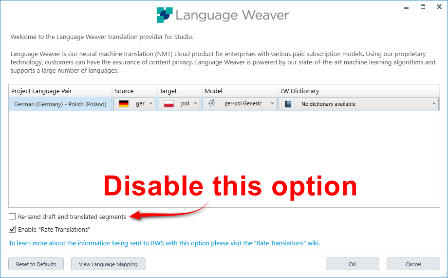 Language Weaver plugin settings window in Trados Studio with a highlighted option 'Disable this option' and an arrow pointing to the unchecked box 'Re-send draft and translated segments'.