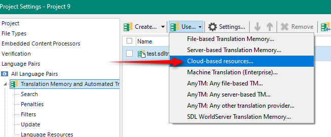 Trados Studio Project Settings window showing an error with 'test.sdltr' file under Translation Memory and Automated Translation.
