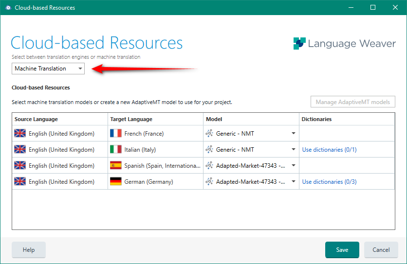 Cloud-based Resources window in Trados Studio with Machine Translation selected, showing Language Weaver as the provider with various language pairs and models.