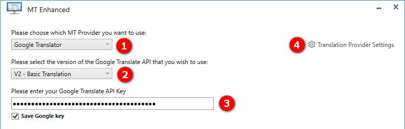MT Enhanced plugin settings window with options to select 'Google Translator' as the MT Provider, 'V2 - Basic Translation' as the API version, and a field to enter the Google Translate API Key. A warning icon indicates an issue with 'Translation Provider Settings'.