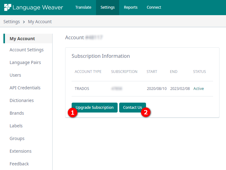 Language Weaver account settings page showing Subscription Information with an active TRADOS account and options to Upgrade Subscription or Contact Us.