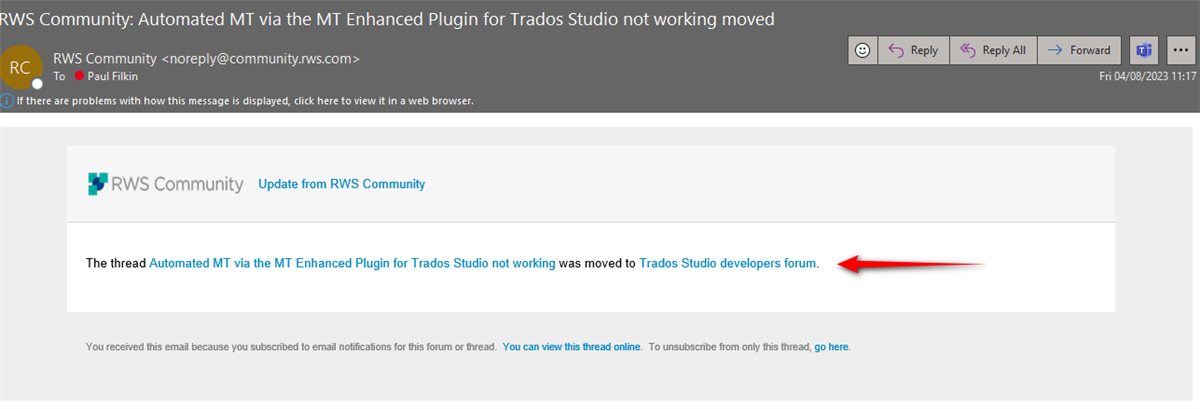 Screenshot showing the email users receive when their thread is moved.