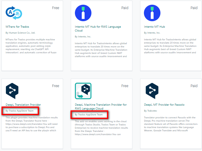 A selection of 6 apps on the appstore for MT with only two developed by the Trados AppStore team.  These two are highlighted.
