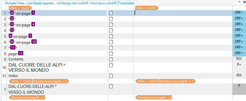 Trados Studio interface showing a list of segments from an InDesign IDML file and a Word DOCX file with status indicators such as 'XRF+' and 'TOC'.