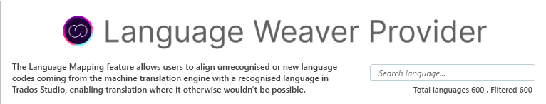 Screenshot of Language Weaver Provider interface with a description of the Language Mapping feature and a search bar. It shows 'Total languages 600. Filtered 600'.