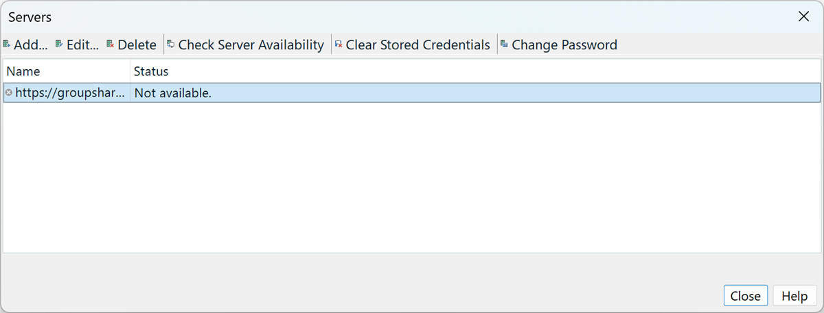 Screenshot of a 'Servers' dialog box with a server URL listed and a status message indicating 'Not available.'