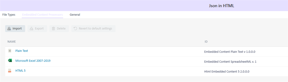 Screenshot of the 'Json in HTML' interface showing three file types: Plain Text, Microsoft Excel 2007-2019, and HTML 5, with corresponding IDs and options to Import, Export, Delete, and Revert to default settings.