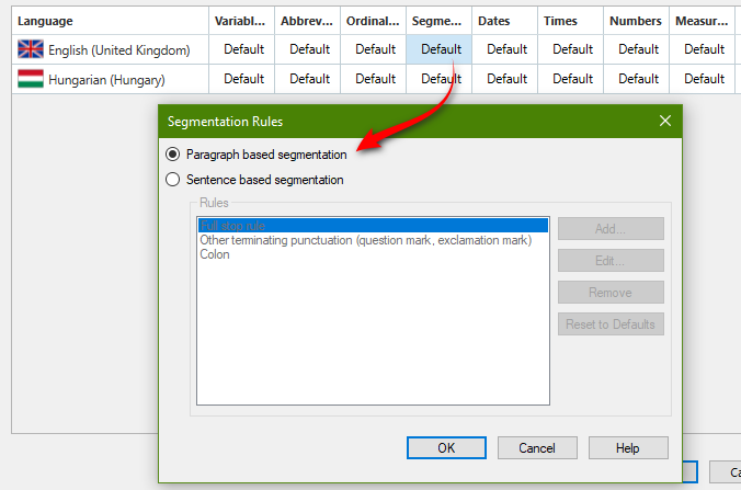 Screenshot of Trados Studio's 'Segmentation Rules' settings window with 'Paragraph based segmentation' selected to change how text is segmented.