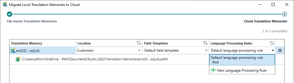 Screenshot of a 'Migrate Local Translation Memories to Cloud' window showing successful migration with a green checkmark. It displays file-based Translation Memories and Cloud Translation Memories sections.