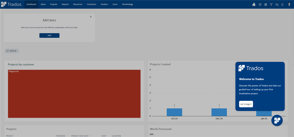 Screenshot of Trados Dashboard with an 'Add Users' dialog box, a 'Projects by customer' chart with an error, a 'Projects Created' bar graph, and a 'Welcome to Trados' introductory block.