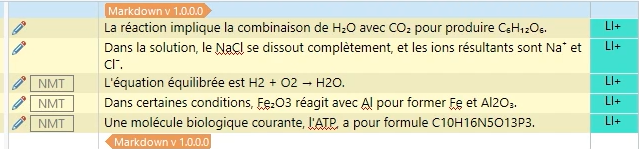 Screenshot of a text editor with chemical equations and status labels. All lines are marked with 'NMT' indicating a status change, with a software version 'Markdown v1.0.0' at the bottom.