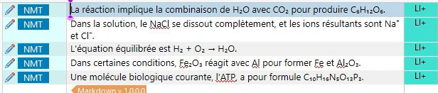 Second screenshot similar to the first, showing a text editor with chemical equations. Each line is labeled 'NMT' next to a blue vertical bar, and 'Markdown v1.0.0' is visible at the bottom.
