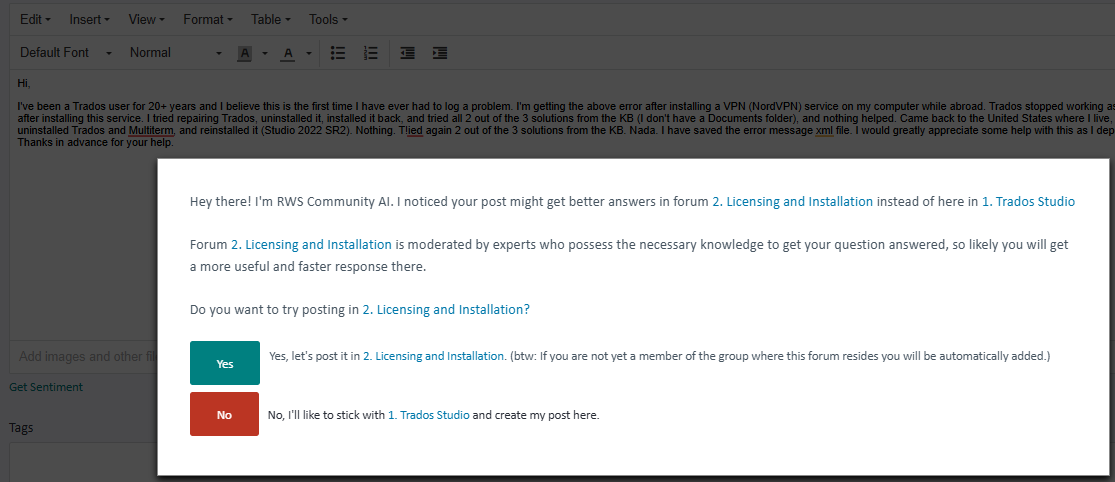 Screenshot of a forum post where a user discusses an issue with Trados Studio after installing a VPN service. A community AI suggests posting in the Licensing and Installation forum for better assistance.