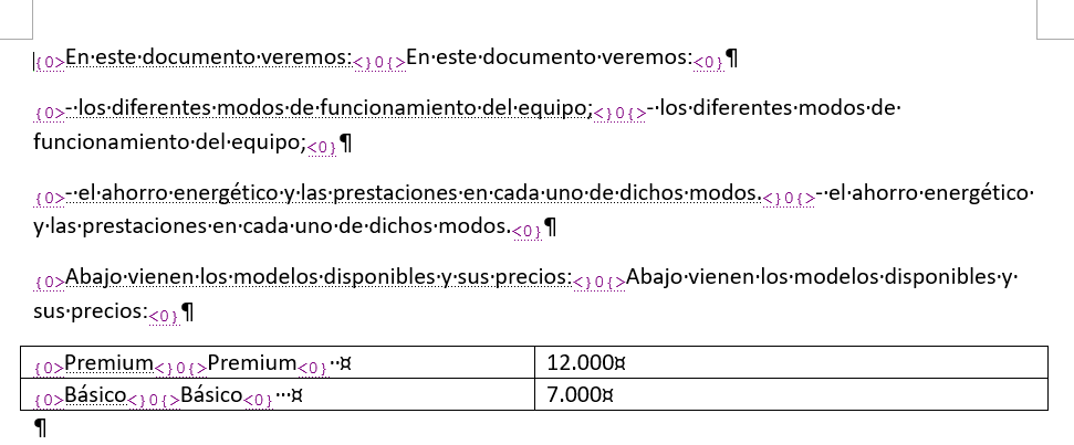 New bilingual DOC in word shoing the source and target entries with markup.