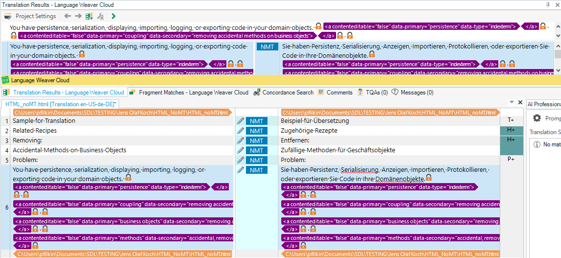 Screenshot showing segments in the editor with long non-translatable tags.