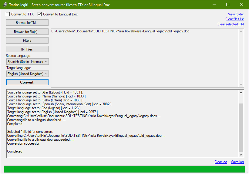 Trados Legit! application interface showing the successful conversion of the file.