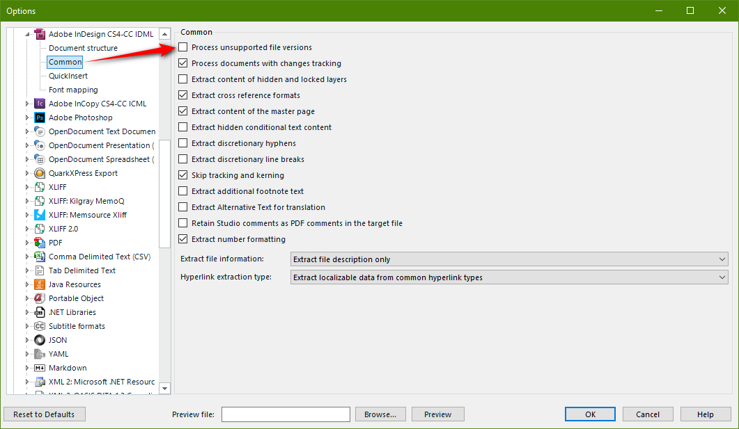 Trados Studio options window with 'Common' settings expanded showing various checkboxes for file version processing and content extraction.