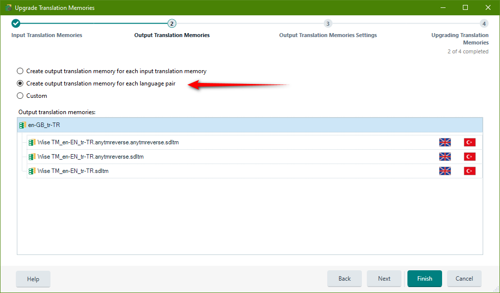 Trados Studio 'Upgrade Translation Memories' window with 'Create output translation memory for each language pair' selected. Three translation memories listed with 'en-GB_t-TR' language pair and warning symbols.