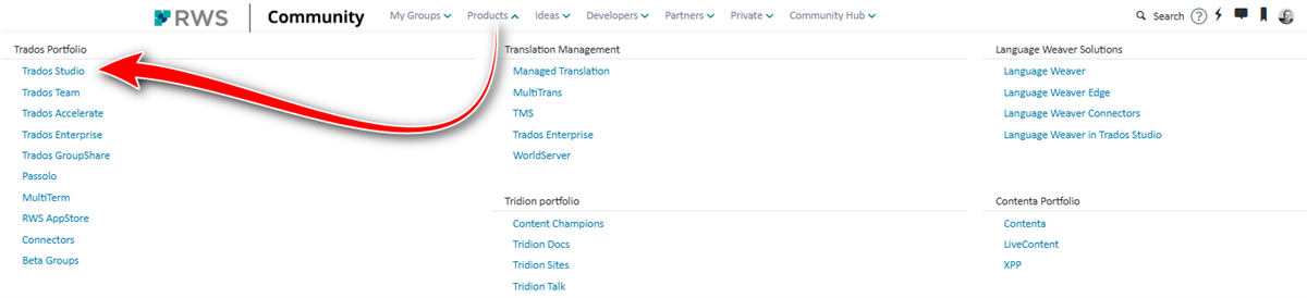 Dropdown menu under 'Products' tab in RWS Community website, with an arrow pointing from 'Trados Portfolio' to 'Trados Studio'.
