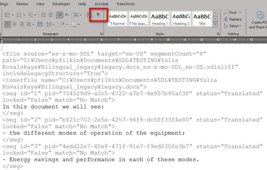 RTF doc with hidden chars