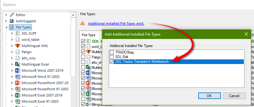 SDL Trados Translators Workbench filetypein the additional filetypes installed pane in Trados Studio.