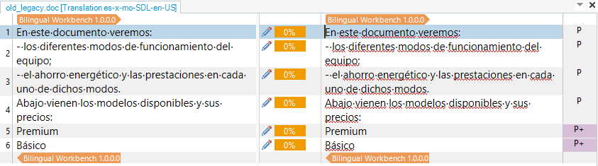 Bilingual DOC file open in the Trados Studio editor showin source in the source and target segments awaiting translation.