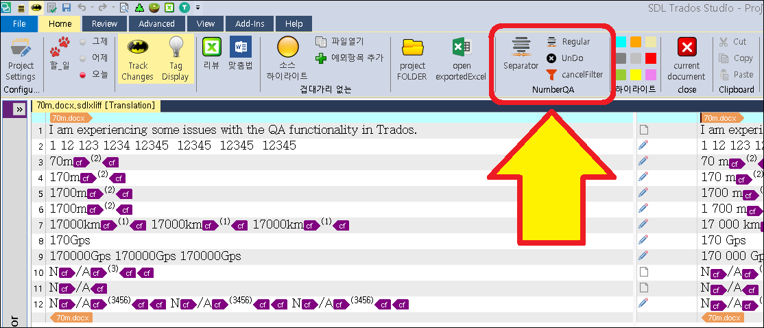 Close-up of Trados Studio toolbar with 'Advanced Number Verifier' icons for 'Separator', 'Regular', 'UnDo', and 'cancelFilter'.