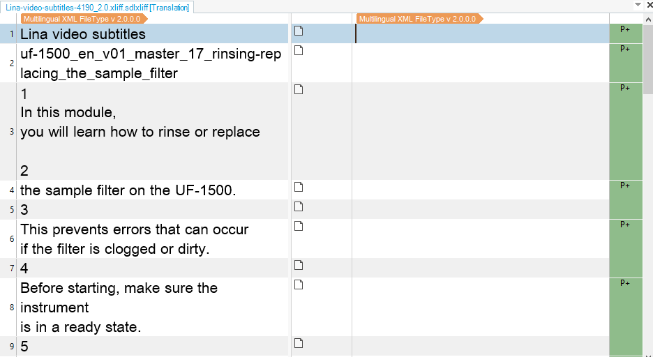 Screenshot showing the XLIFF 2.0 file being opened in the editor view with the Mulitlingual XML filetype.