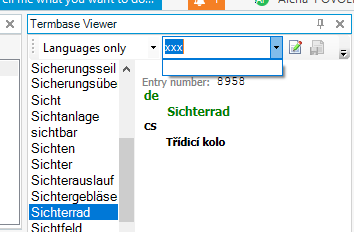 Screenshot of Trados Studio's Termbase Viewer with a dropdown field labeled 'xxx' highlighted. Below are entries in different languages with the term 'Sichertrad' visible.
