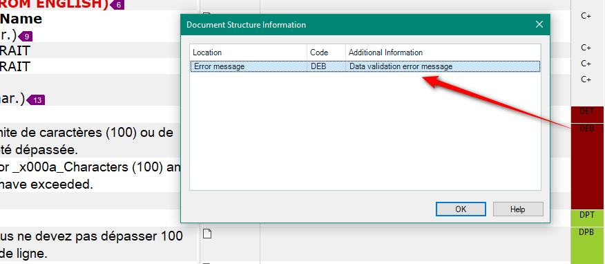 Error message in Trados Studio indicating a data validation error with the code 'DEB'. The message box is titled 'Document Structure Information'.