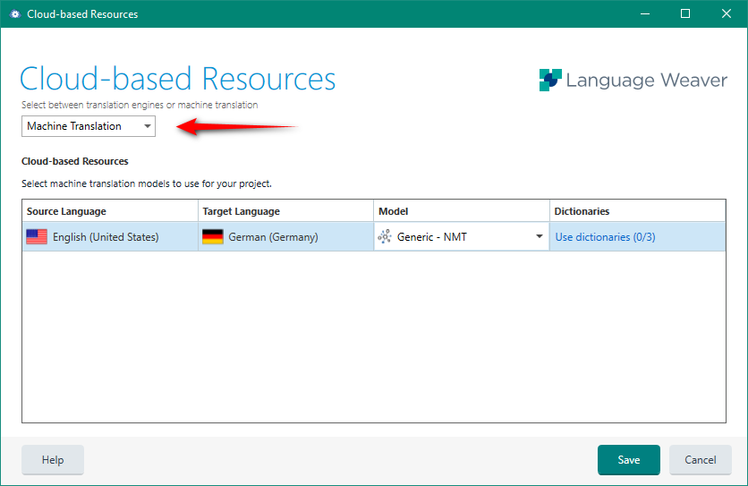 Cloud-based Resources window in Trados Studio showing 'Machine Translation' selected with a red arrow and Language Weaver logo displayed.