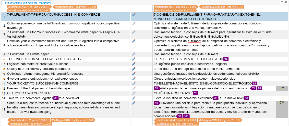 Screenshot of Trados Studio showing a side-by-side comparison of an English text about e-commerce fulfillment and its Spanish translation with highlighted numbers indicating translation segments.