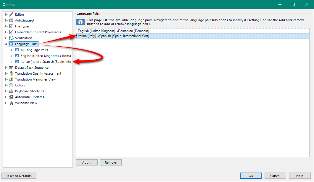Trados Studio Options window showing Language Pairs section with a list including English (United Kingdom) to Romanian (Romania) and Italian (Italy) to Spanish (Spain, International Sort). A red circle highlights the Italian to Spanish language pair.