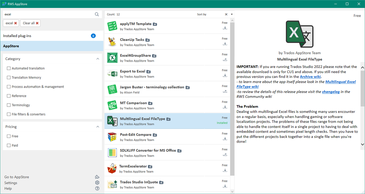 Screenshot of RWS AppStore with a search for 'excel' showing various plugins including 'Multilingual Excel FileType' by Trados AppStore Team marked as installed. A highlighted note states the importance of running Trados Studio 2022 for CU1 and above with a link to the changelog.