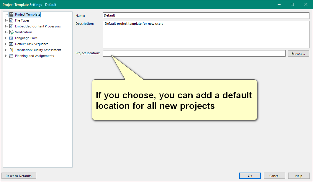 Trados Studio Project Template Settings window showing options to set a default location for all new projects.