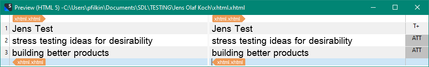 Trados Studio preview showing HTML content with titles 'Jens Test', 'stress testing ideas for desirability', and 'building better products'.