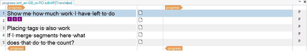 Trados Studio translation progress window showing incomplete translation with segments 1, 3, and 4 not addressed.