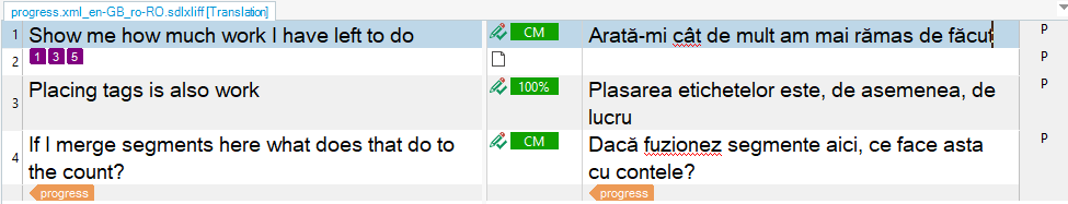 Trados Studio translation progress window with segments 1 and 4 translated and segment 3 partially translated.