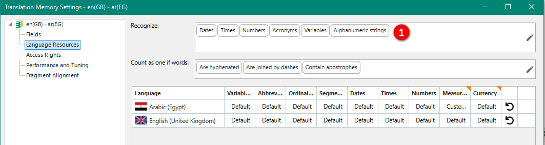 Trados Studio Translation Memory Settings window showing a red error icon next to 'Alphanumeric strings' under 'Recognize' for Arabic (Egypt) and English (United Kingdom) languages.