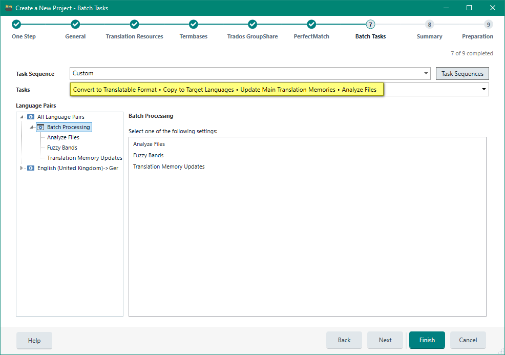 Trados Studio screenshot showing the 'Create a New Project - Batch Tasks' window with a custom task sequence selected including 'Analyze Files' and 'Translation Memory Updates'.